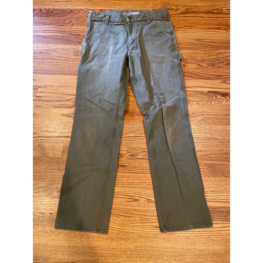 Carhartt Mens Work Carpenter Pants 33x34 Moss Green Rugged Flex Relaxed Fit Duck